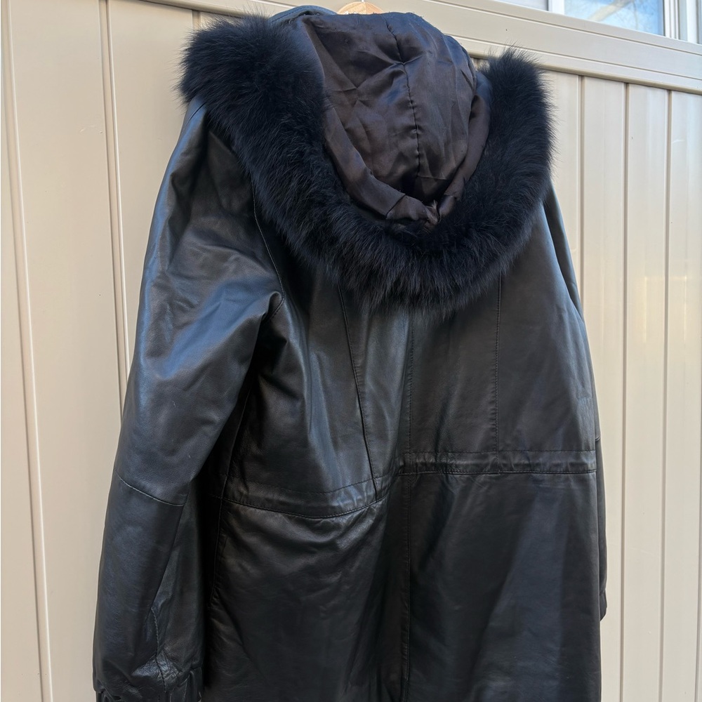 MAC Cosmetics Black Leather Hooded Coat with Black Fur Trim